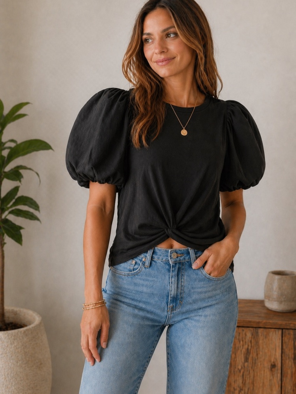 Sanctuary Black Puff Sleeve Twist Front Top | Cropped Tee | XS